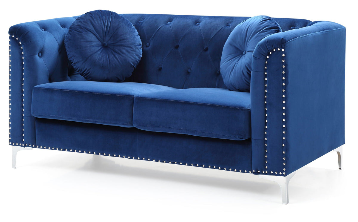 Sloped-arm loveseat blue velvet by HouseOfZazla with tufted back and nailhead trim on Tampa Home & Garden Store