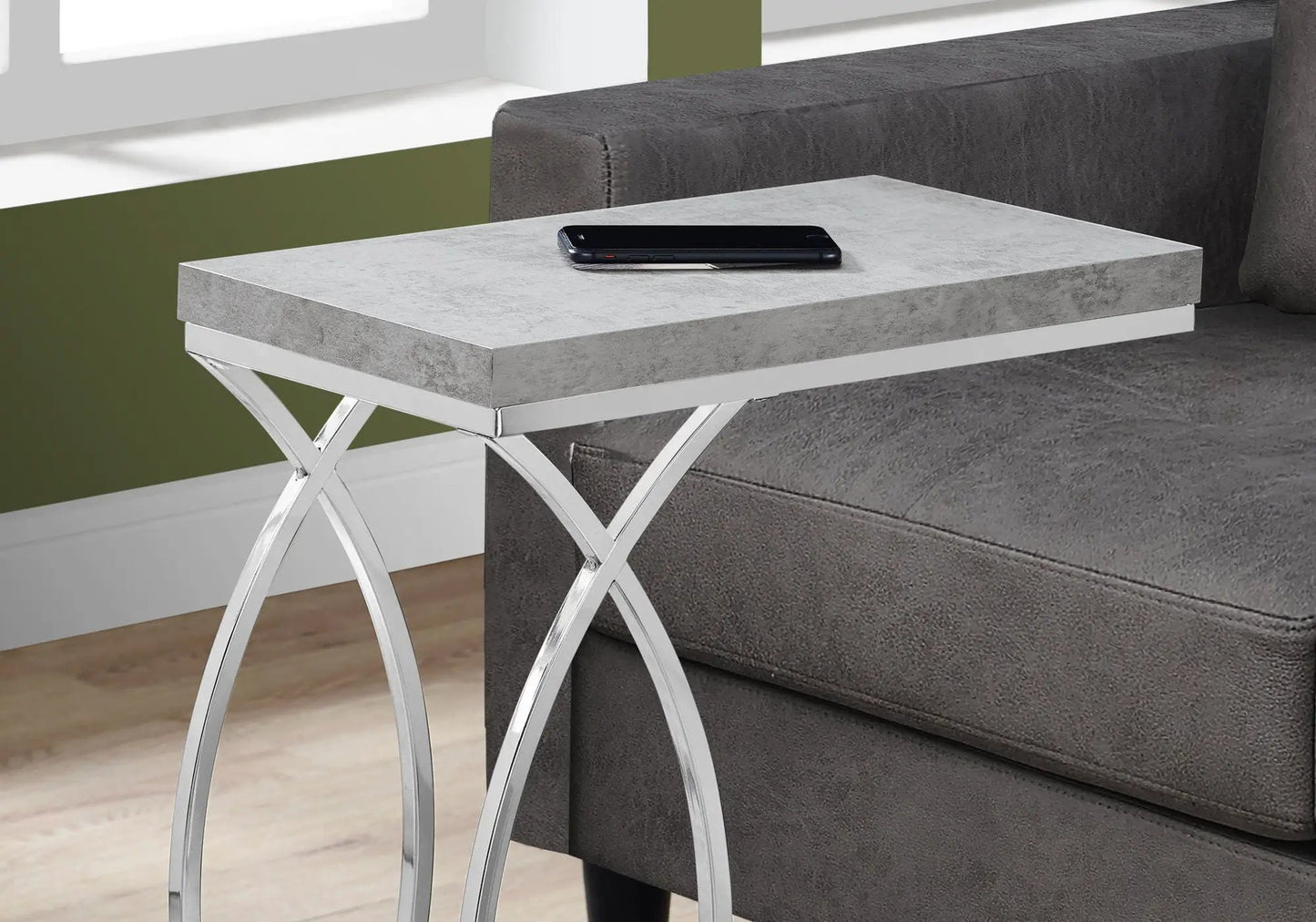Accent Table C-Shaped, concrete-gray top with chrome X-leg base, Unique Piece Furniture on Tampa Home & Garden Store