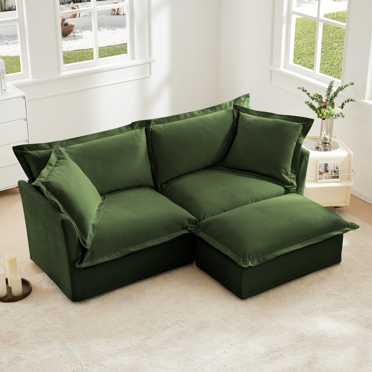 Slipcovered Two Seater Sofa and Chenille Ottoman