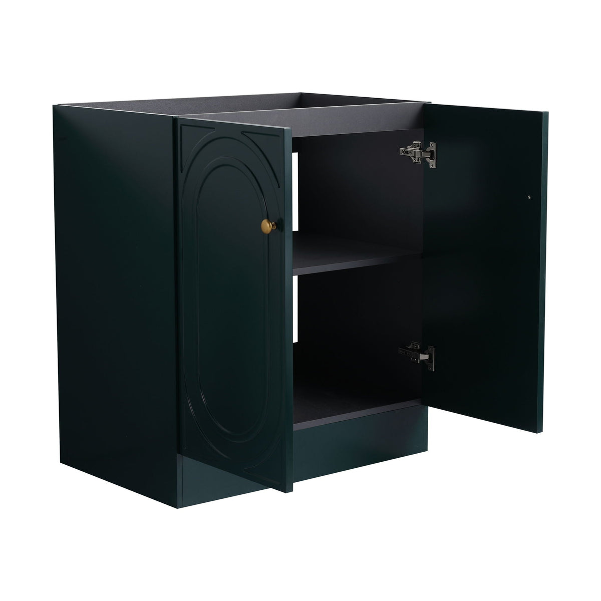 HouseOfZazla vanity with soft close, dark green two-door cabinet with interior shelf on Tampa Home & Garden Store