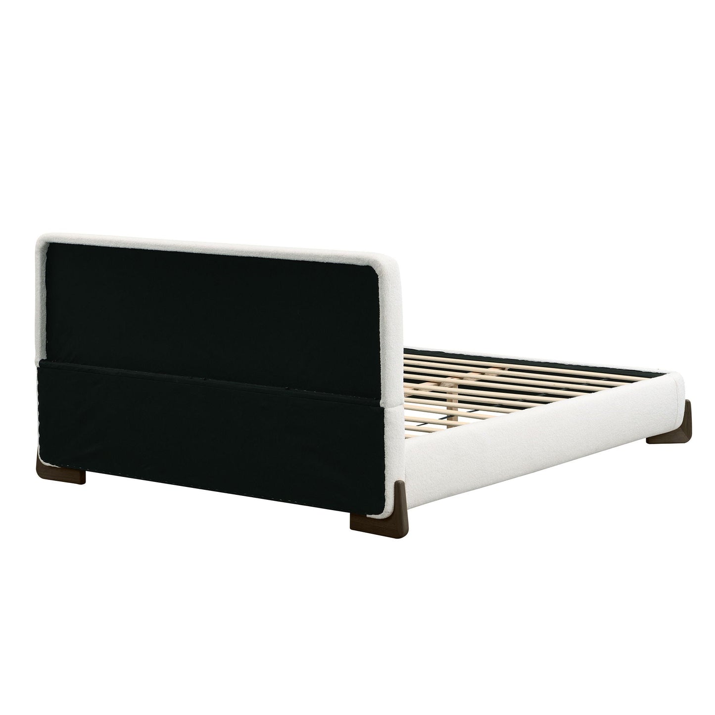 White Boucle Upholstered Bed on Solid Wood Legs