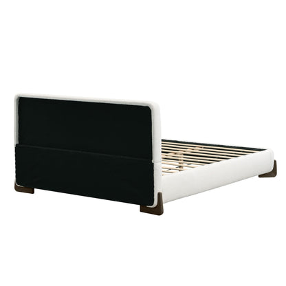 White Boucle Upholstered Bed on Solid Wood Legs