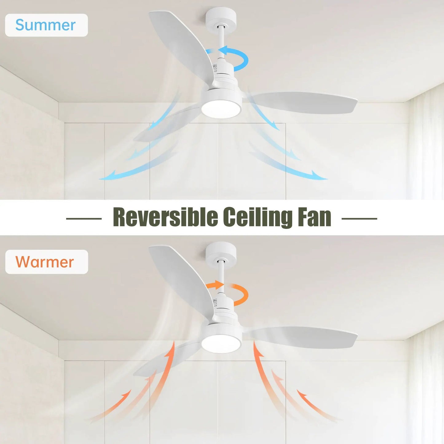 Ceiling fan with reversible DC motor and LED light, white solid blades, remote on Tampa Home & Garden Store