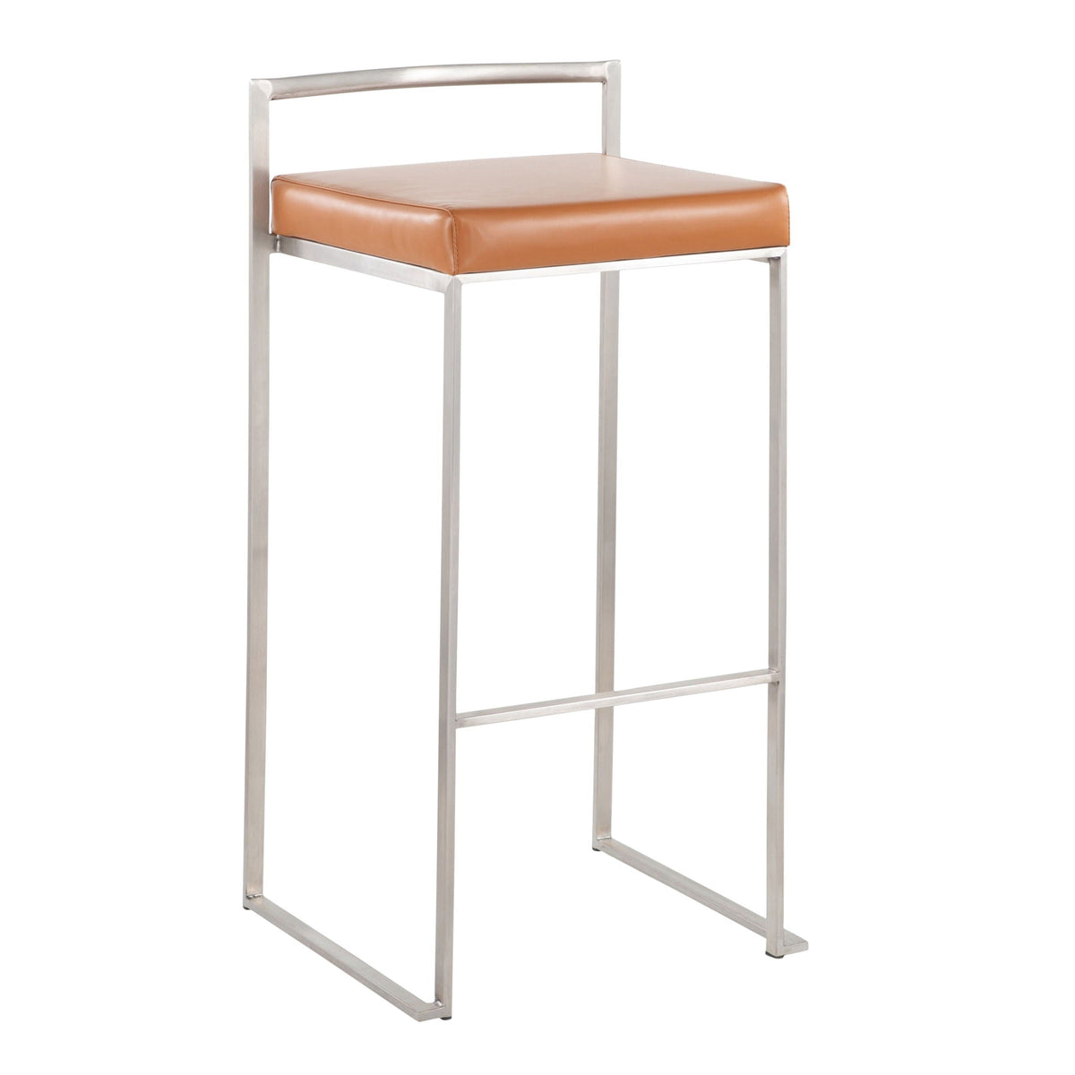 Contemporary stackable barstool with padded brown seat and stainless steel frame on Tampa Home & Garden Store