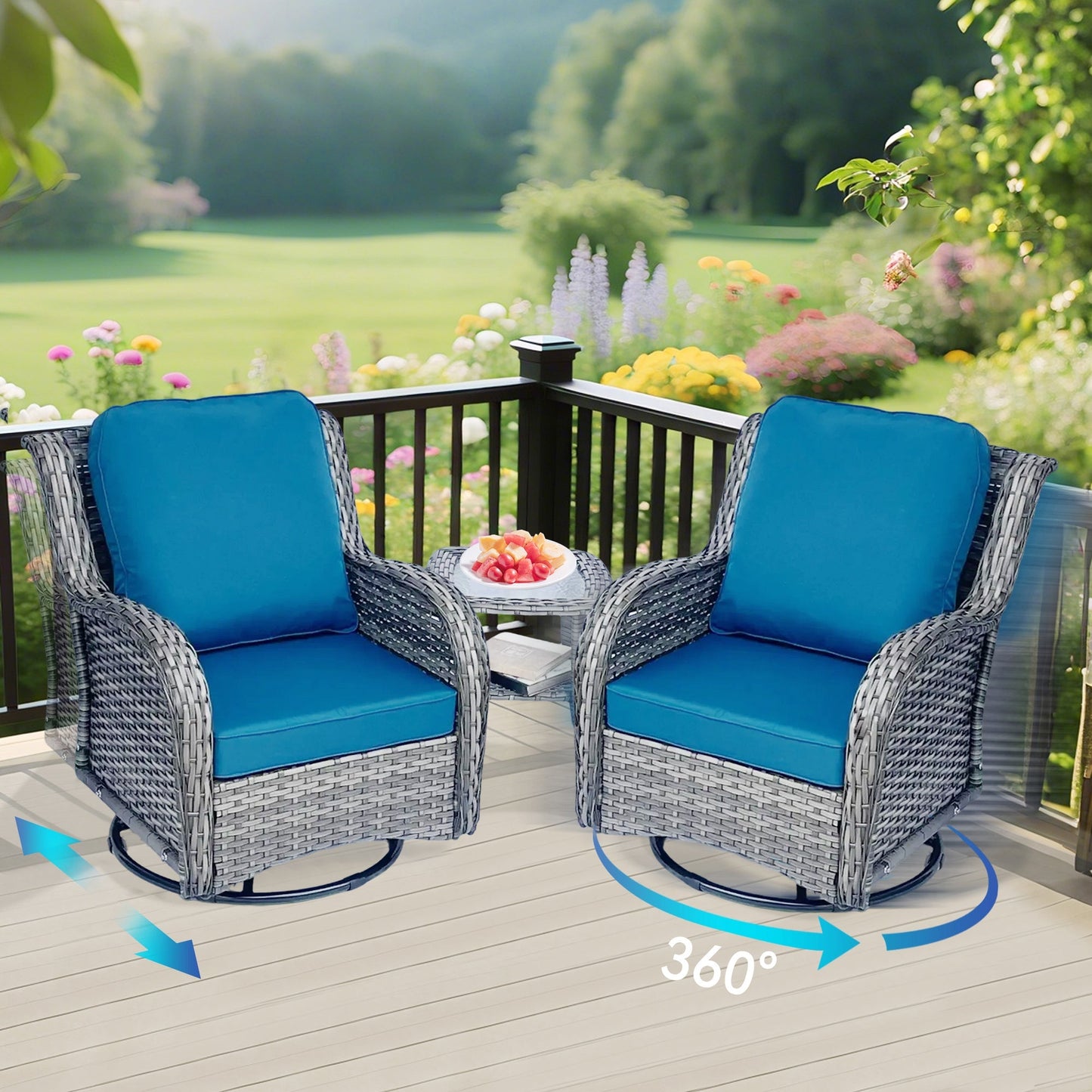 Wicker patio 3-piece outdoor swivel chair set with blue cushions by HouseOfZazla on Tampa Home & Garden Store