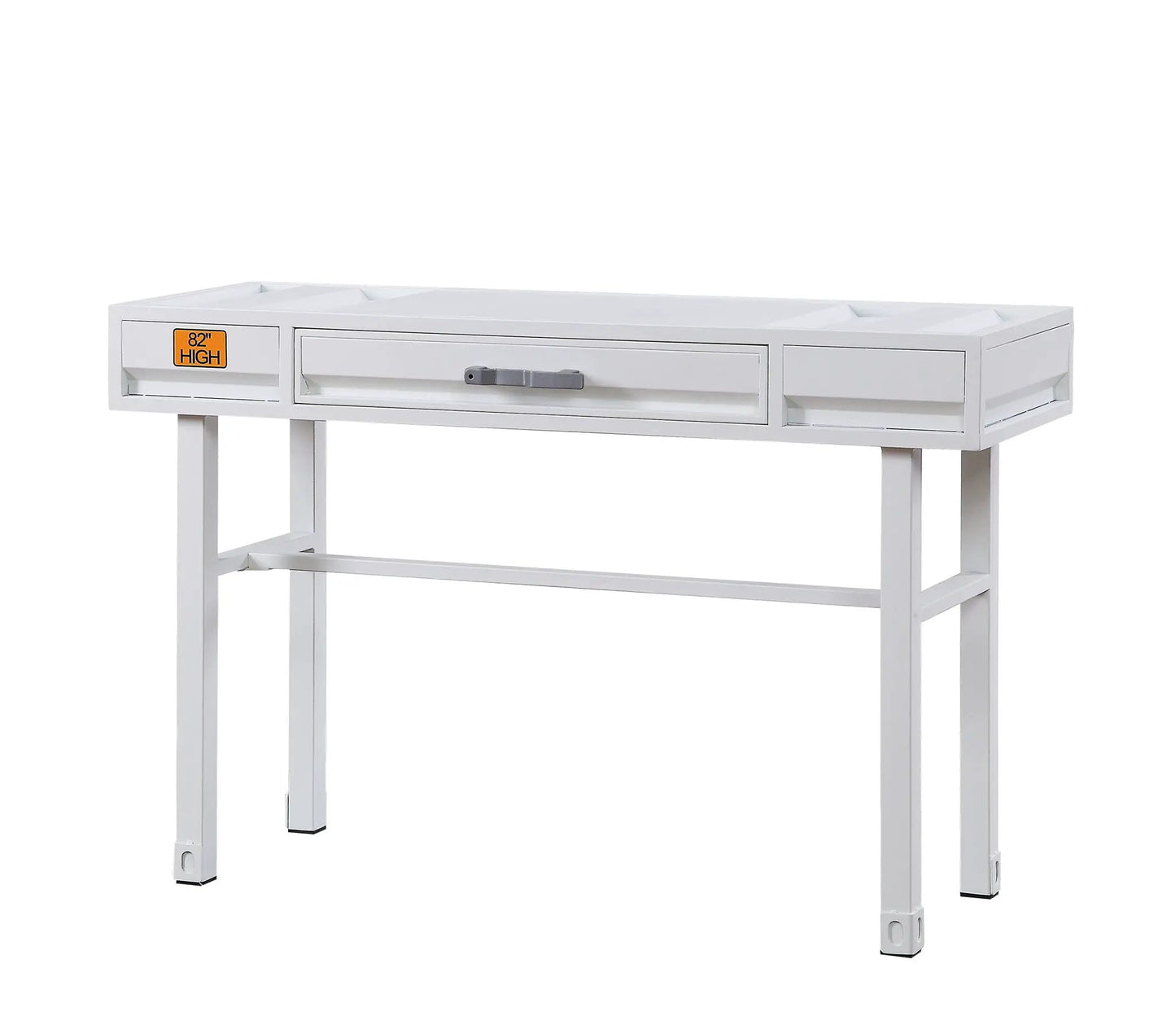 Cargo vanity desk white metal frame with built-in storage, center drawer and side cubbies on Tampa Home & Garden Store