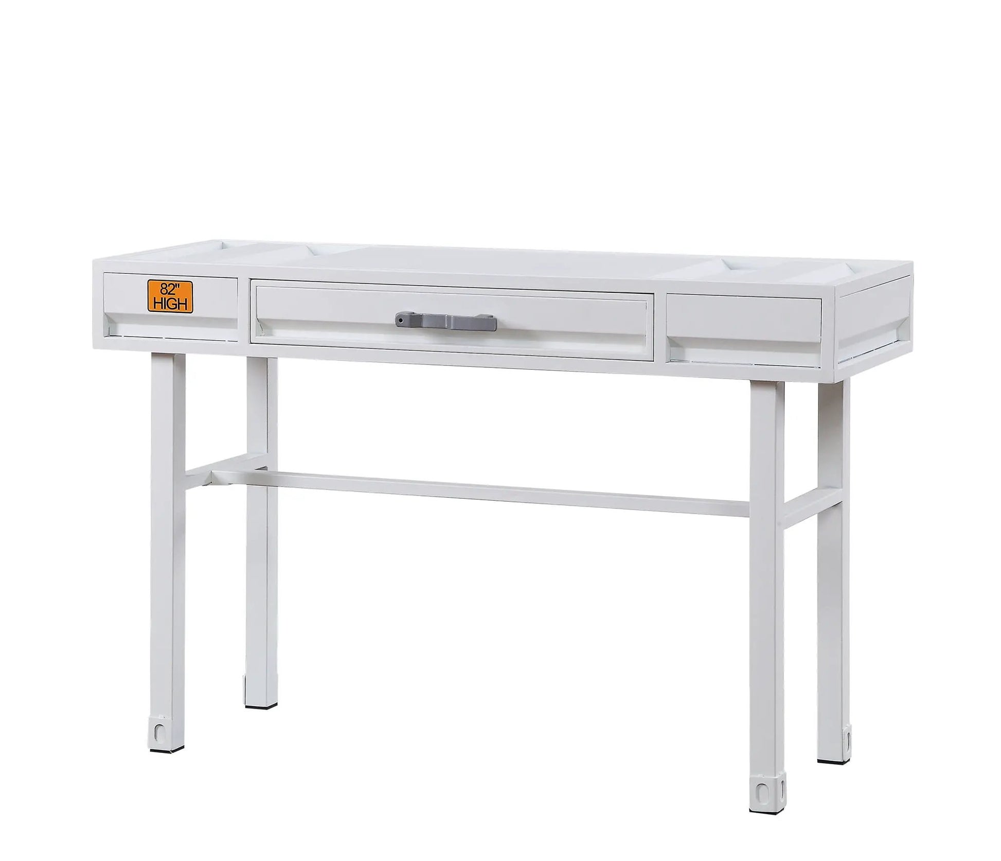 Cargo vanity desk white metal frame with built-in storage, center drawer and side cubbies on Tampa Home & Garden Store