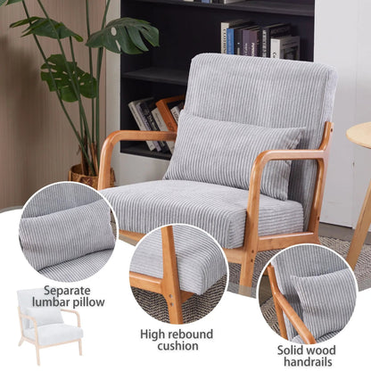 Accent arm chair with pillow upholstered in gray fabric, wood arms, Unique Piece Furniture on Tampa Home & Garden Store