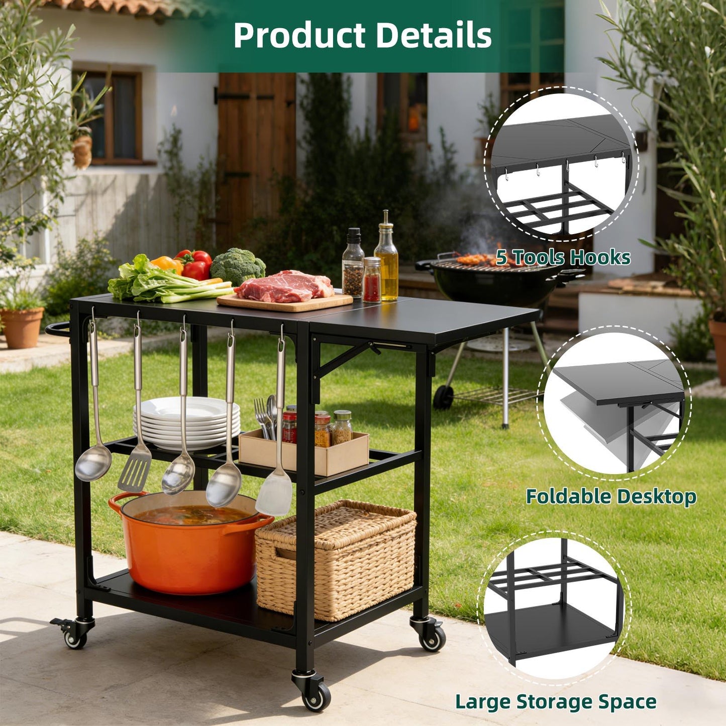 Outdoor Grill Prep Cart With Wheels and Shelves
