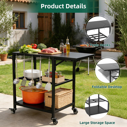 Outdoor Grill Prep Cart With Wheels and Shelves