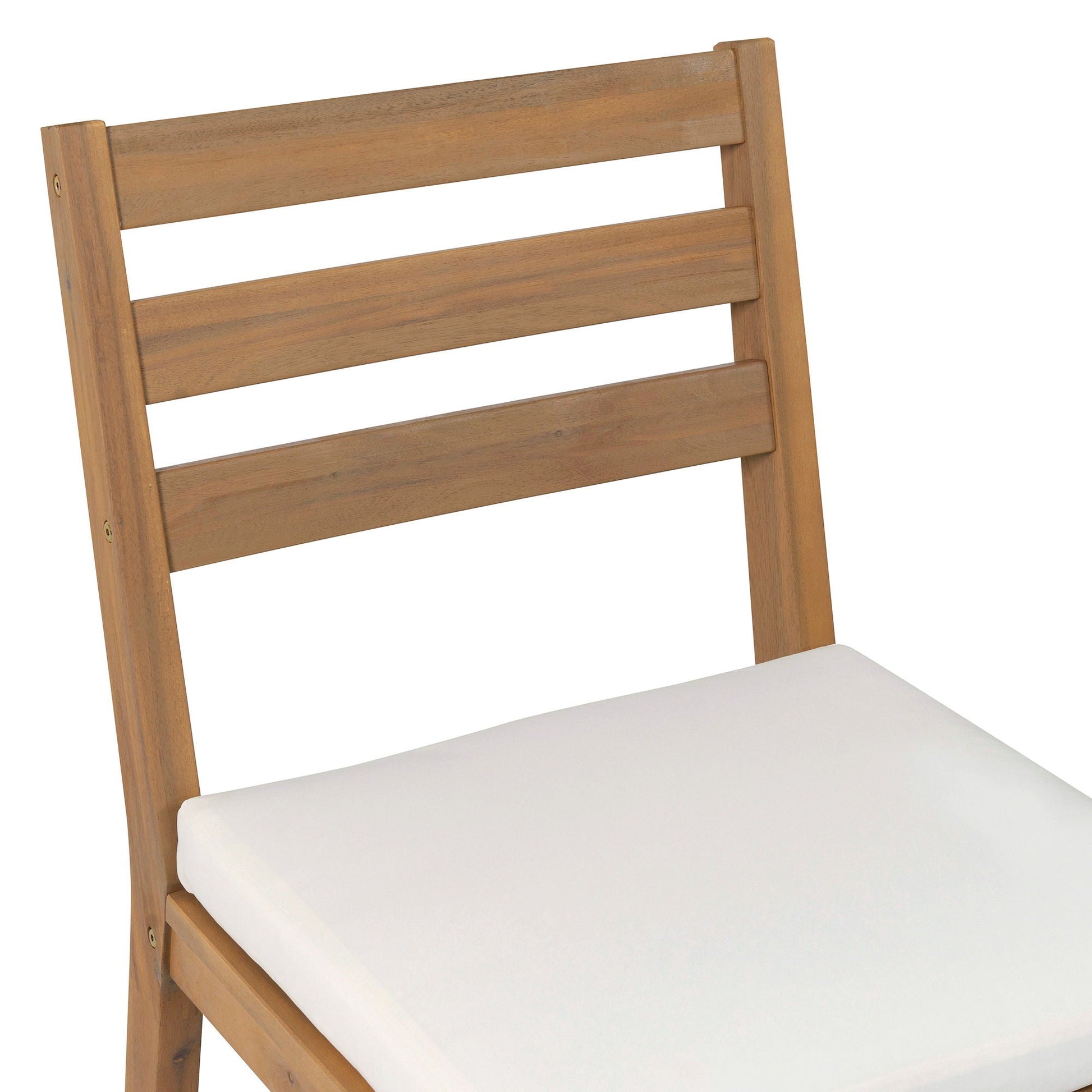 Patio Bar Set With Ergonomic Chairs wooden frame with slatted back and white cushion on Tampa Home & Garden Store
