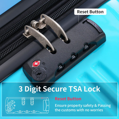 Luggage lock close-up on blue hardshell suitcase with a 3-digit TSA lock and black zippers on Tampa Home & Garden Store