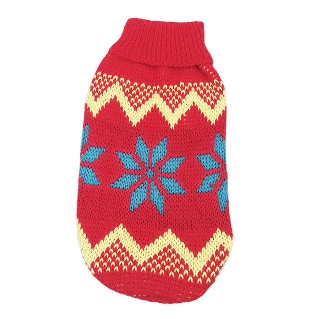 Christmas Maple Snowflake turtleneck knit pet sweater by Pet Zen red with blue snowflakes on Tampa Home & Garden Store