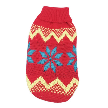 Christmas Maple Snowflake turtleneck knit pet sweater by Pet Zen red with blue snowflakes on Tampa Home & Garden Store