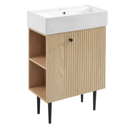 Bathroom vanity with white ceramic sink on oak cabinet with shelves and black legs on Tampa Home & Garden Store