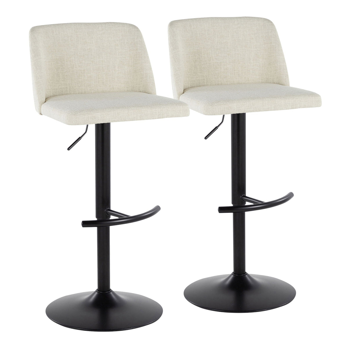 Contemporary adjustable swivel barstool set, beige fabric seats, black bases, 2 stools on Tampa Home & Garden Store