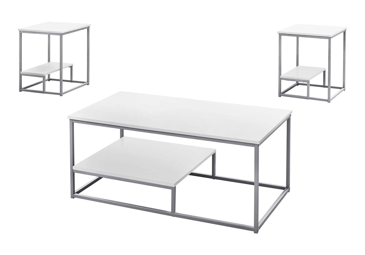 Table set of 3 with white tops and silver metal frames; coffee table plus two end tables on Tampa Home & Garden Store