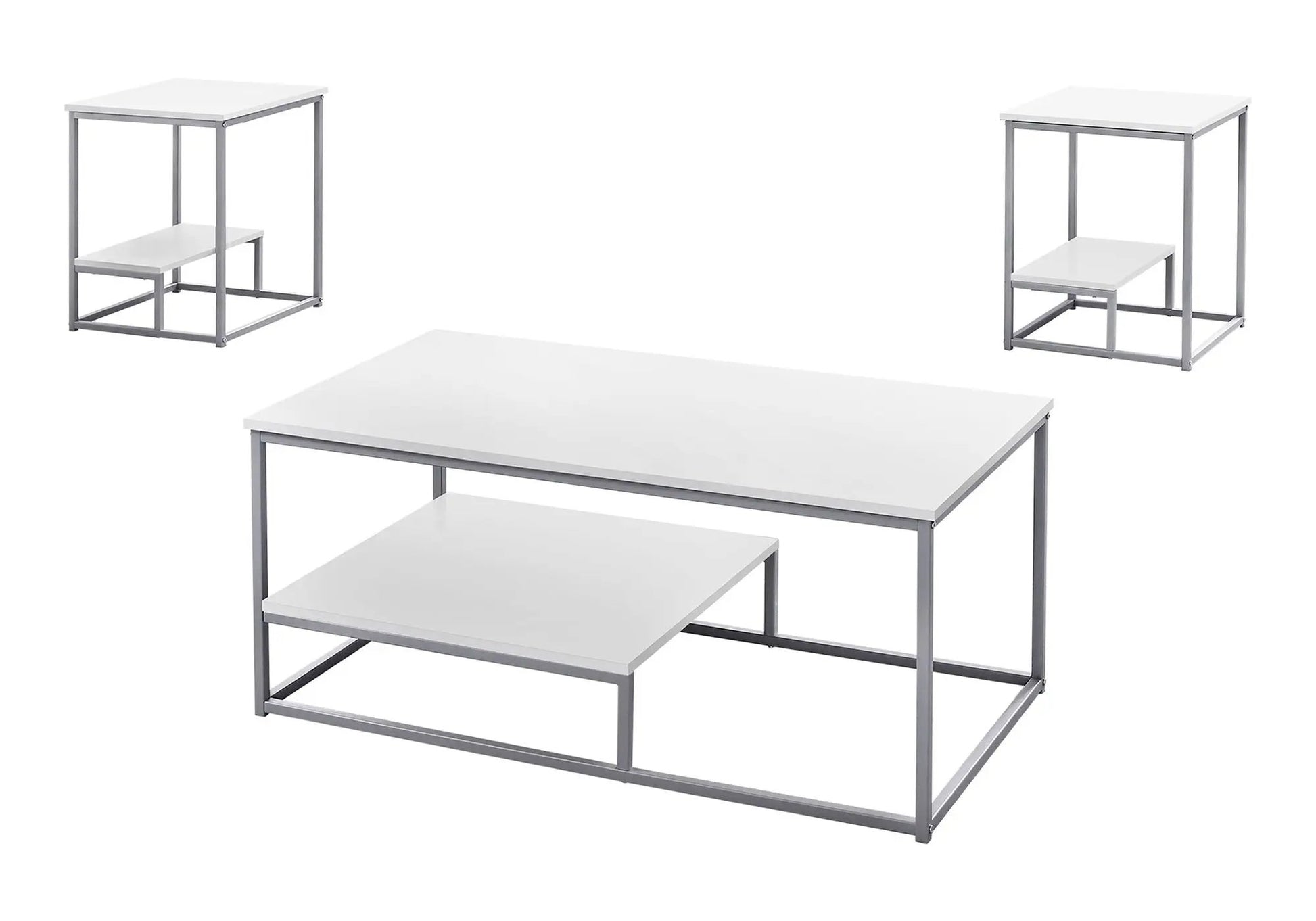 Table set of 3 with white tops and silver metal frames; coffee table plus two end tables on Tampa Home & Garden Store