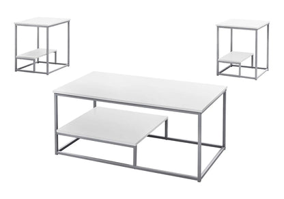 Table set of 3 with white tops and silver metal frames; coffee table plus two end tables on Tampa Home & Garden Store