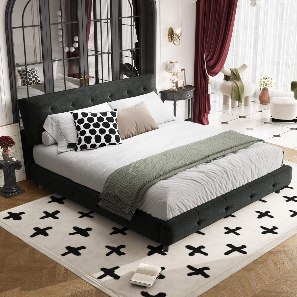 Tufted headboard upholstered bed in charcoal with white bedding and black pillows on Tampa Home & Garden Store