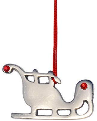 Sleigh ornament by Vibhsa, silver metal with red ruby accents and red hanging cord on Tampa Home & Garden Store