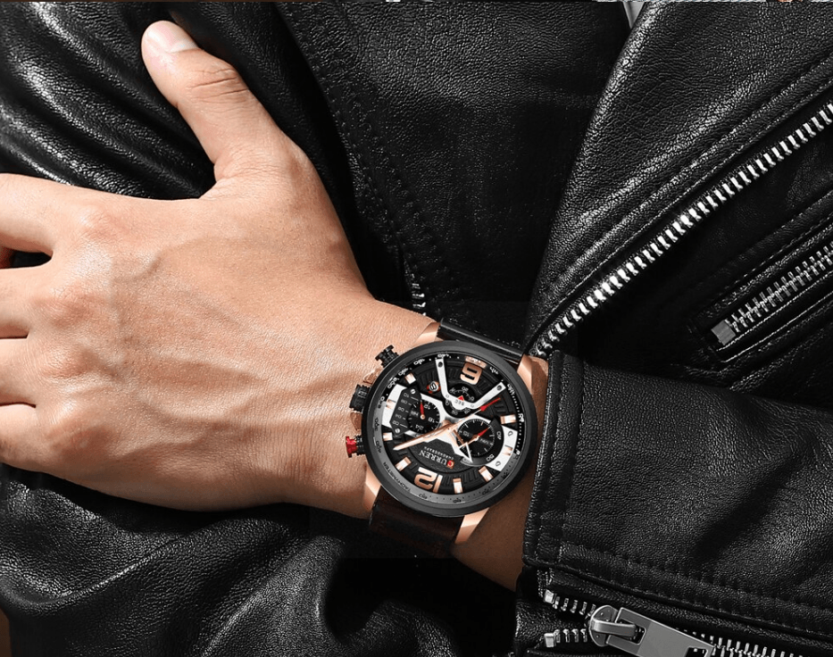 Stevvex men's sports waterproof watch with leather strap black dial chronograph on Tampa Home & Garden Store