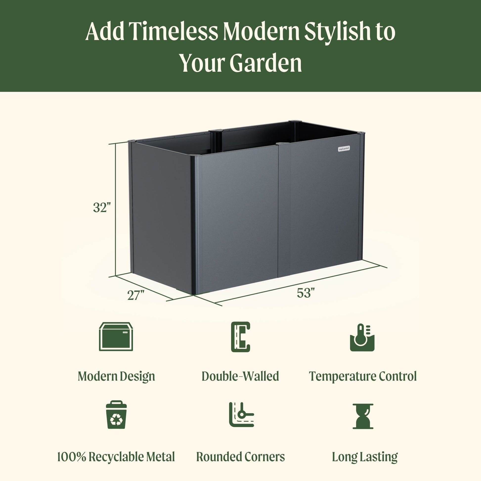 32" High Modern Raised Garden Bed 27"x 53" Midsize Metal - Tampa Home & Garden Store