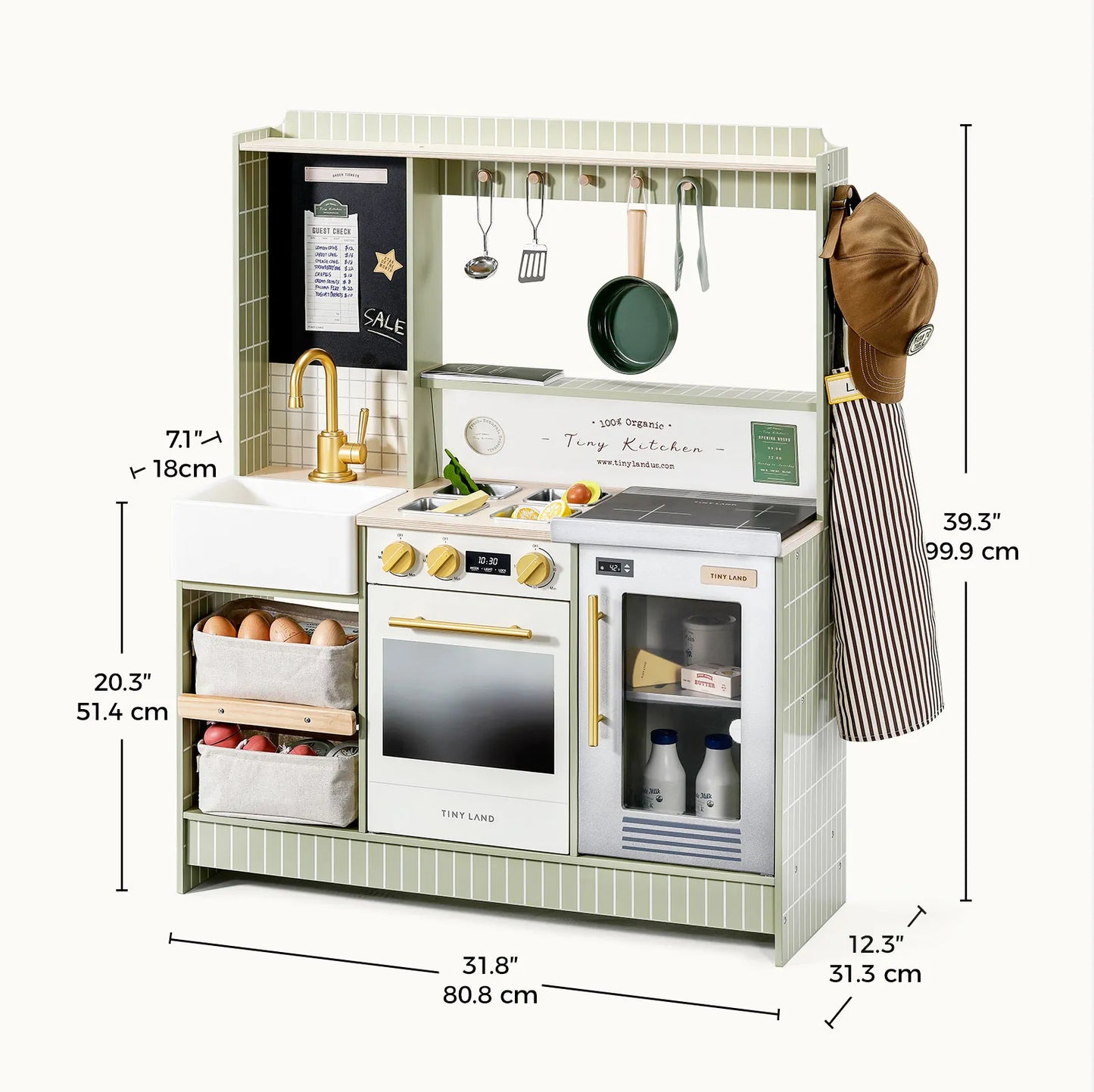 Tiny Land BistroSwitch Play Kitchen toy kitchen with green tiled panels and hanging utensils on Tampa Home & Garden Store