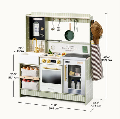Tiny Land BistroSwitch Play Kitchen toy kitchen with green tiled panels and hanging utensils on Tampa Home & Garden Store