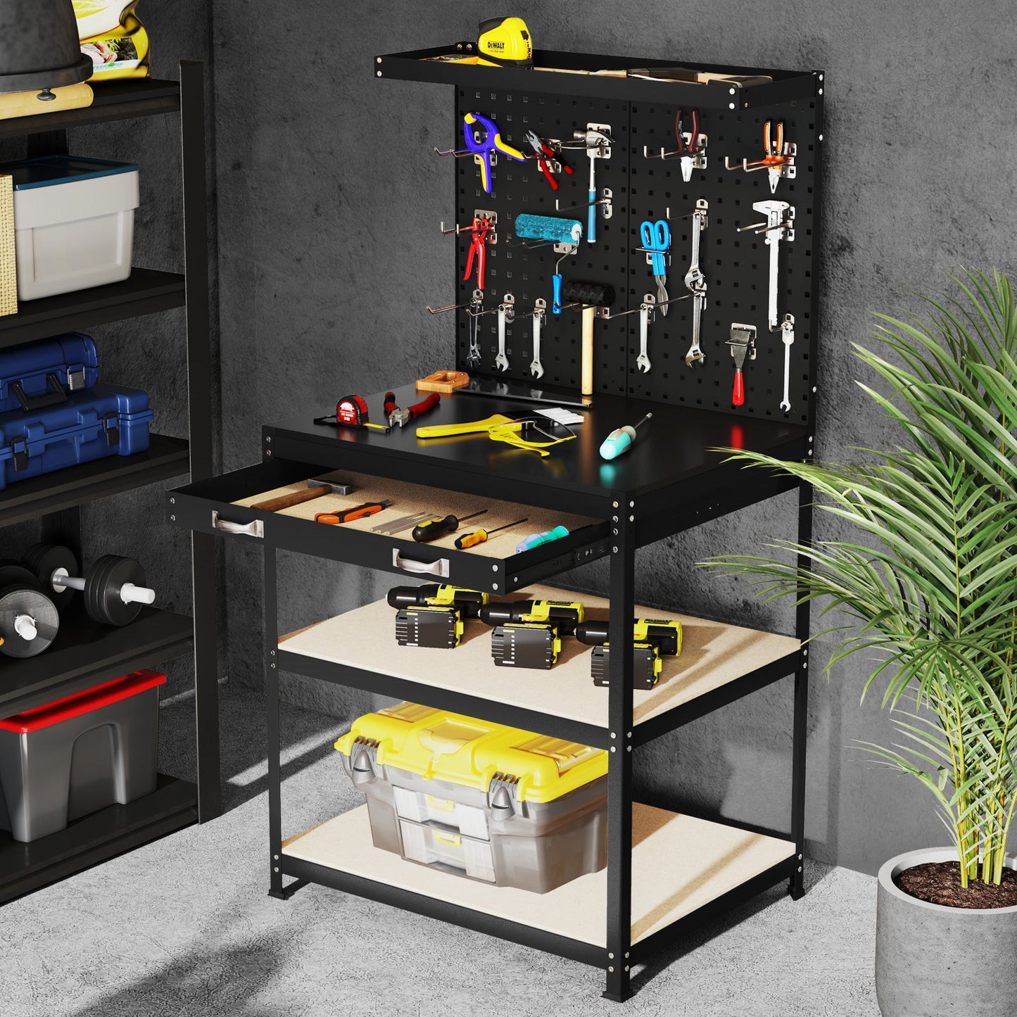 Mesa de trabajo de 32 x 16 pulgadas con 2 cajones de tablero perforado y estantes - Negro