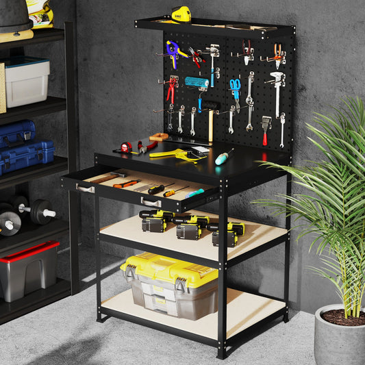 Mesa de trabajo de 32 x 16 pulgadas con 2 cajones de tablero perforado y estantes - Negro