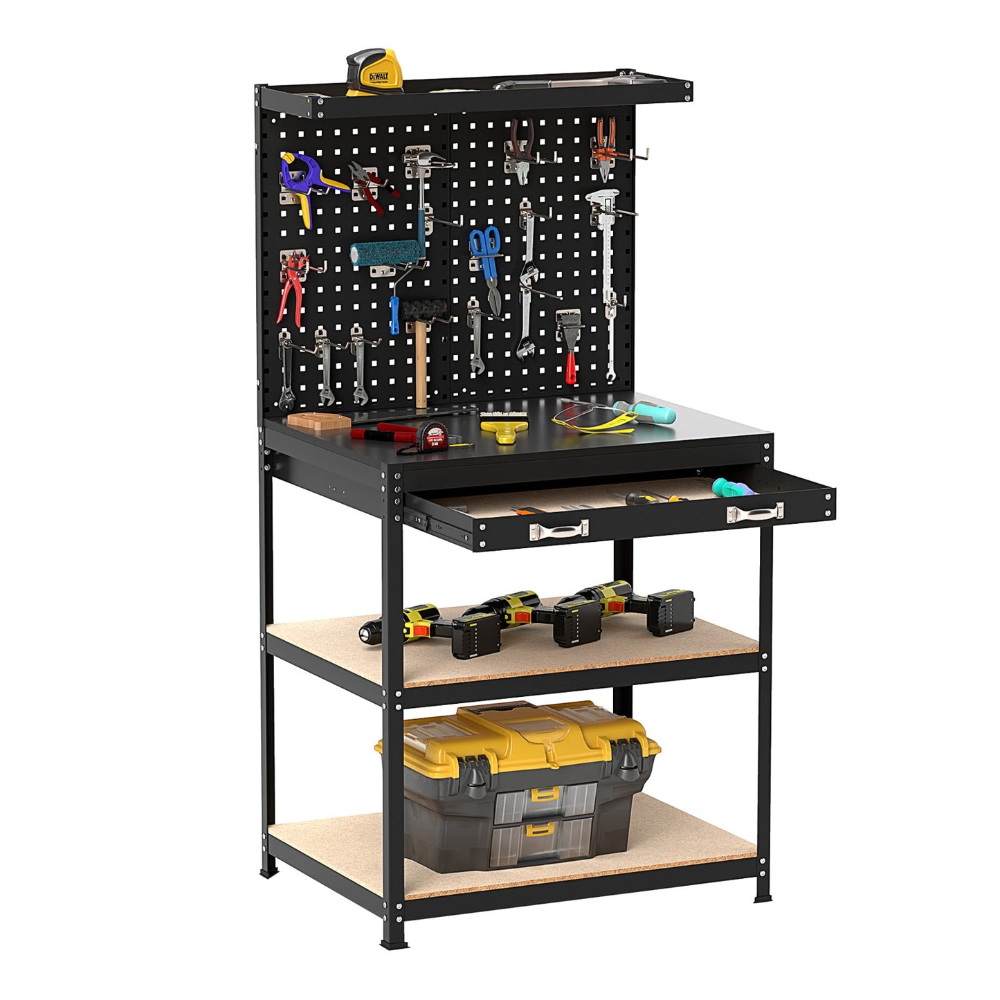 Mesa de trabajo de 32 x 16 pulgadas con 2 cajones de tablero perforado y estantes - Negro