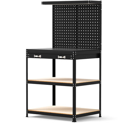 Mesa de trabajo de 32 x 16 pulgadas con 2 cajones de tablero perforado y estantes - Negro