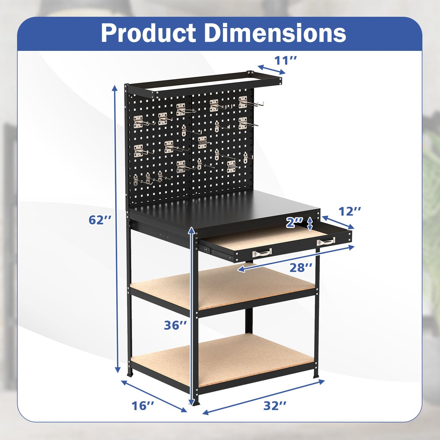 Mesa de trabajo de 32 x 16 pulgadas con 2 cajones de tablero perforado y estantes - Negro