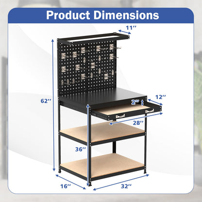 Mesa de trabajo de 32 x 16 pulgadas con 2 cajones de tablero perforado y estantes - Negro