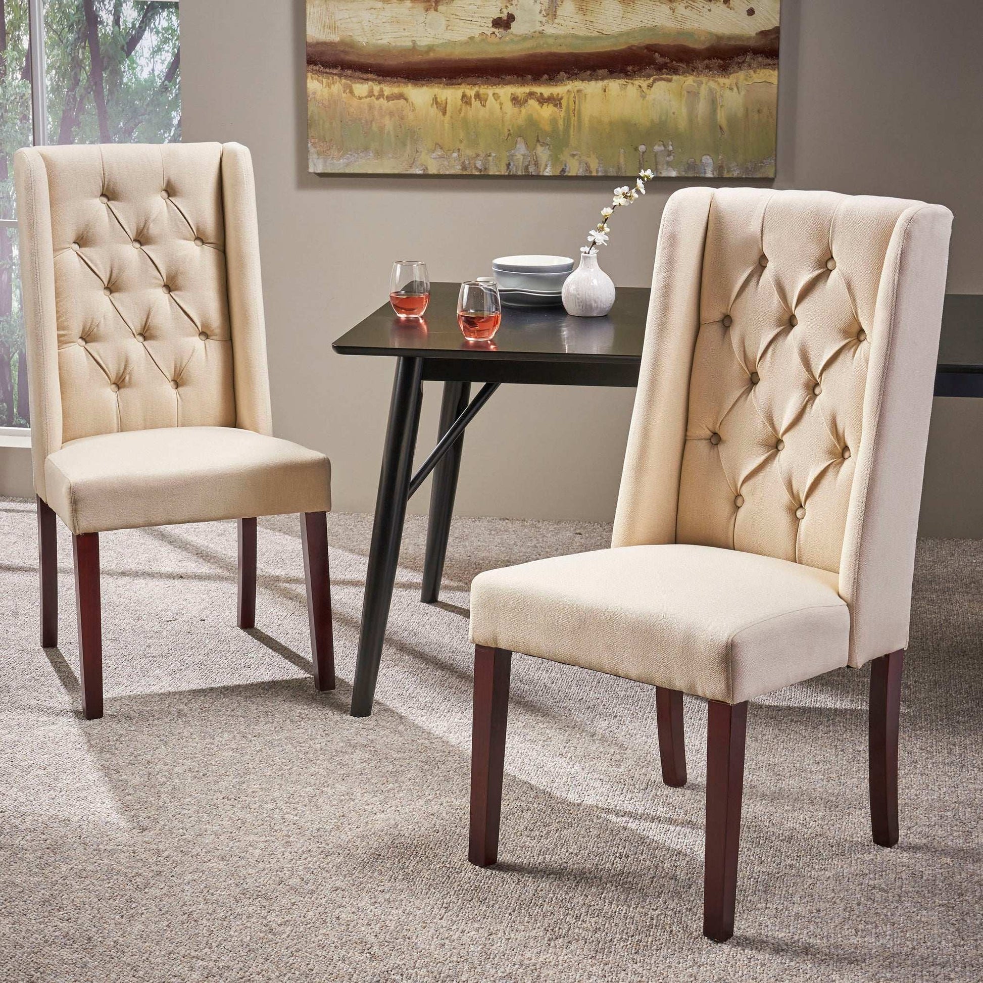 HouseOfZazla beige tufted dining chairs with high backs and dark wood legs, kids chair set on Tampa Home & Garden Store