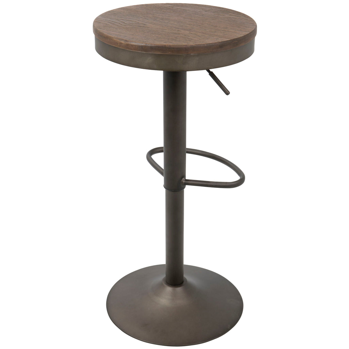 Industrial adjustable barstool with dark brown wood seat and metal pedestal base on Tampa Home & Garden Store