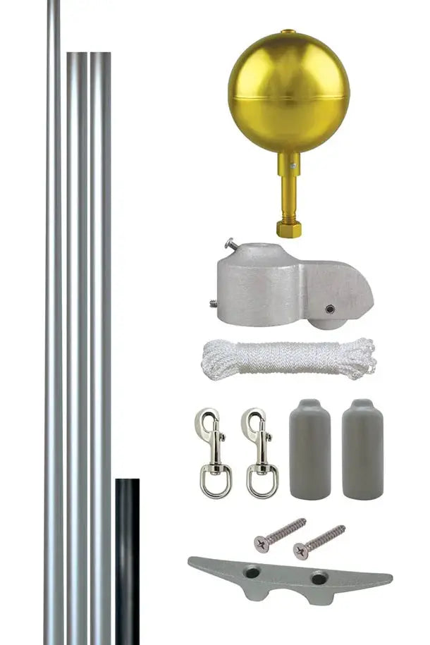 20 ft commercial-grade aluminum flagpole 3-section kit by Flagman of America with gold ball top and mounting hardware on Tampa Home & Garden Store