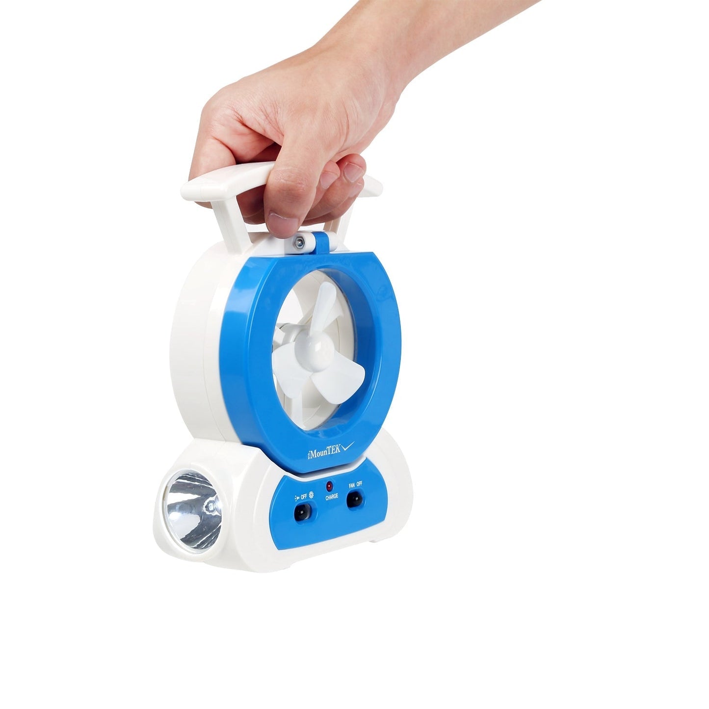 Desk cooling fan with blue ring, white body, adjustable LED lamp and built-in flashlight on Tampa Home & Garden Store