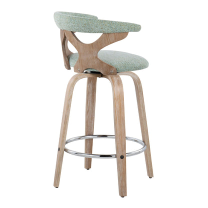 Mid Century Modern counter stool with swivel, mint green fabric, wood frame on Tampa Home & Garden Store
