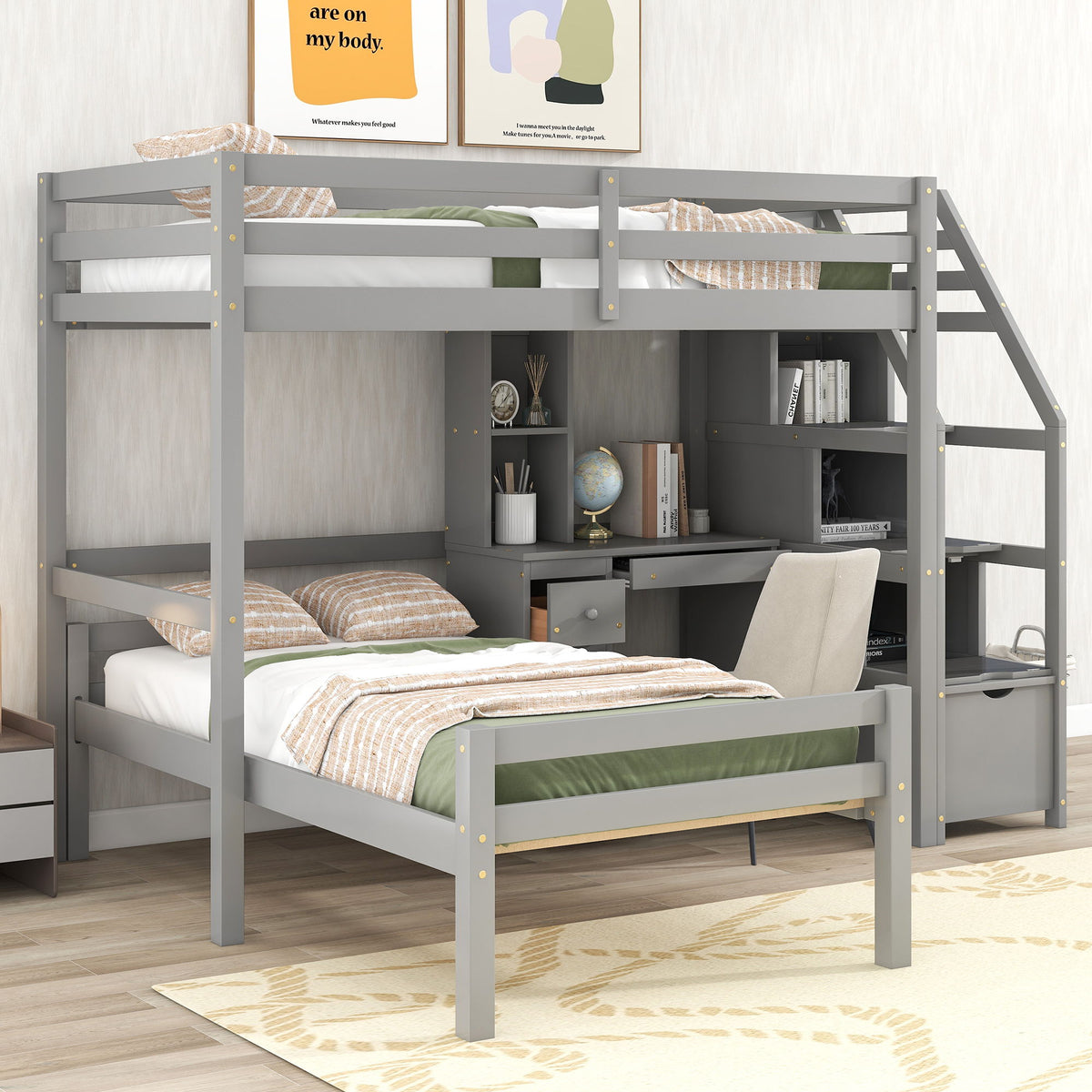 Gray wooden loft bed with stand-alone lower bed, storage staircase, desk, shelves and drawers on Tampa Home & Garden Store