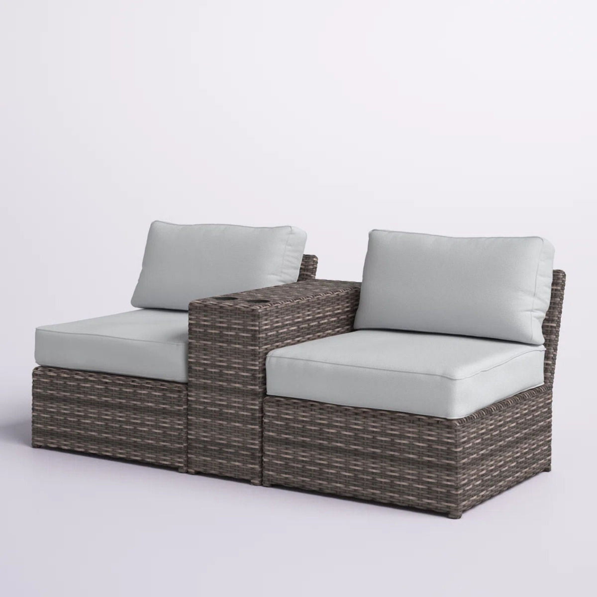 3-piece weather resistant wicker conversation set with light gray cushions, dark brown wicker on Tampa Home & Garden Store