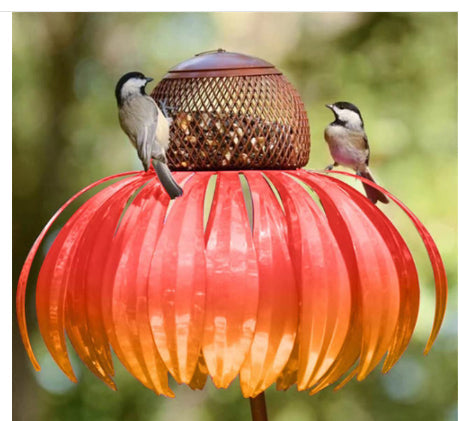 Garden Petal Shape Bird Feeder orange petal design with brown seed dome and birds perched on Tampa Home & Garden Store