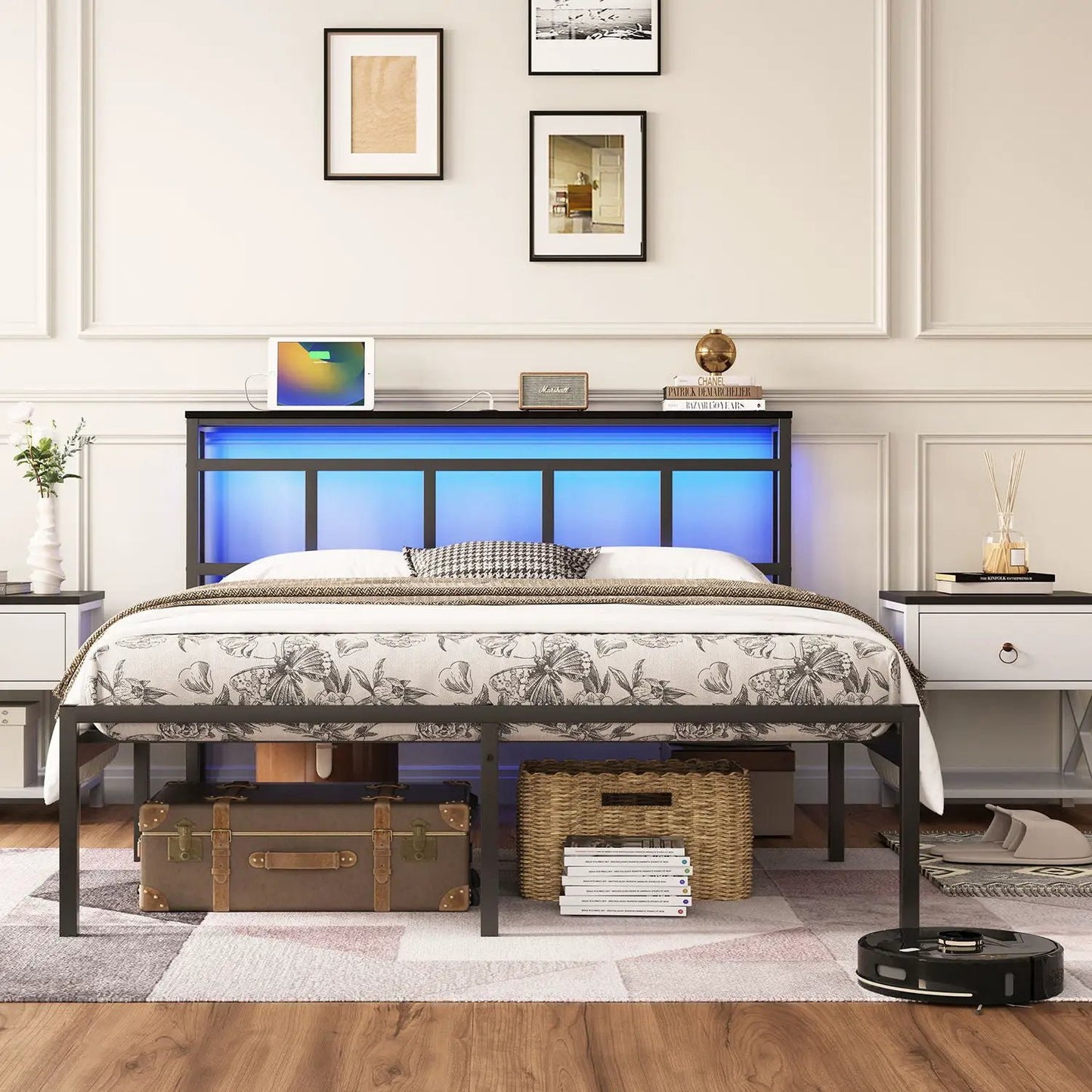 Bed Frame With Storage Headboard and USB C LED