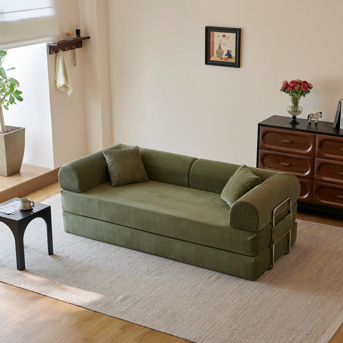 78.8in Compression Sofa Bed by HouseOfZazla in green plush fabric, convertible floor sofa on Tampa Home & Garden Store