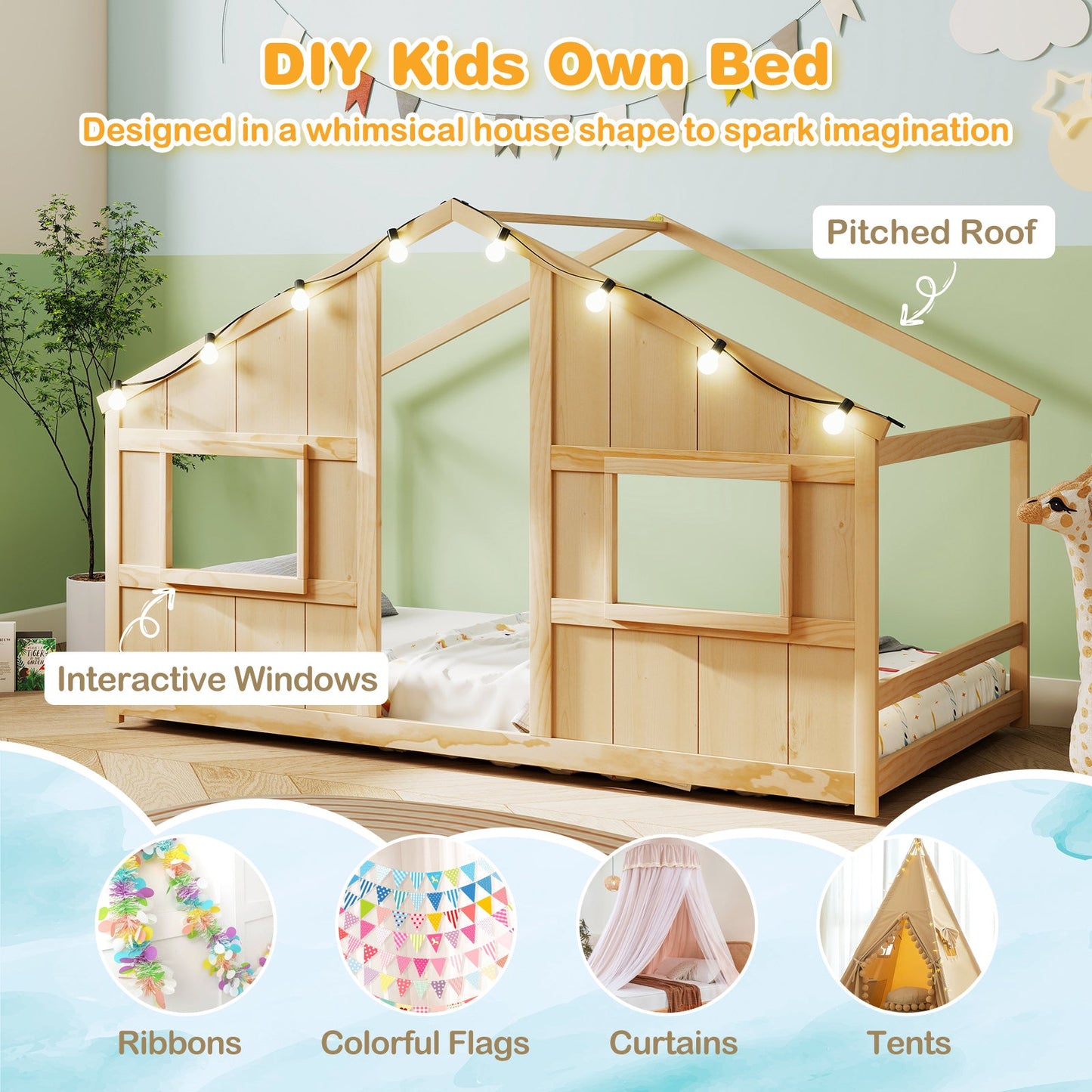 Twin Size House Bed with LED Lights Montessori Slat-free Floor Bed
