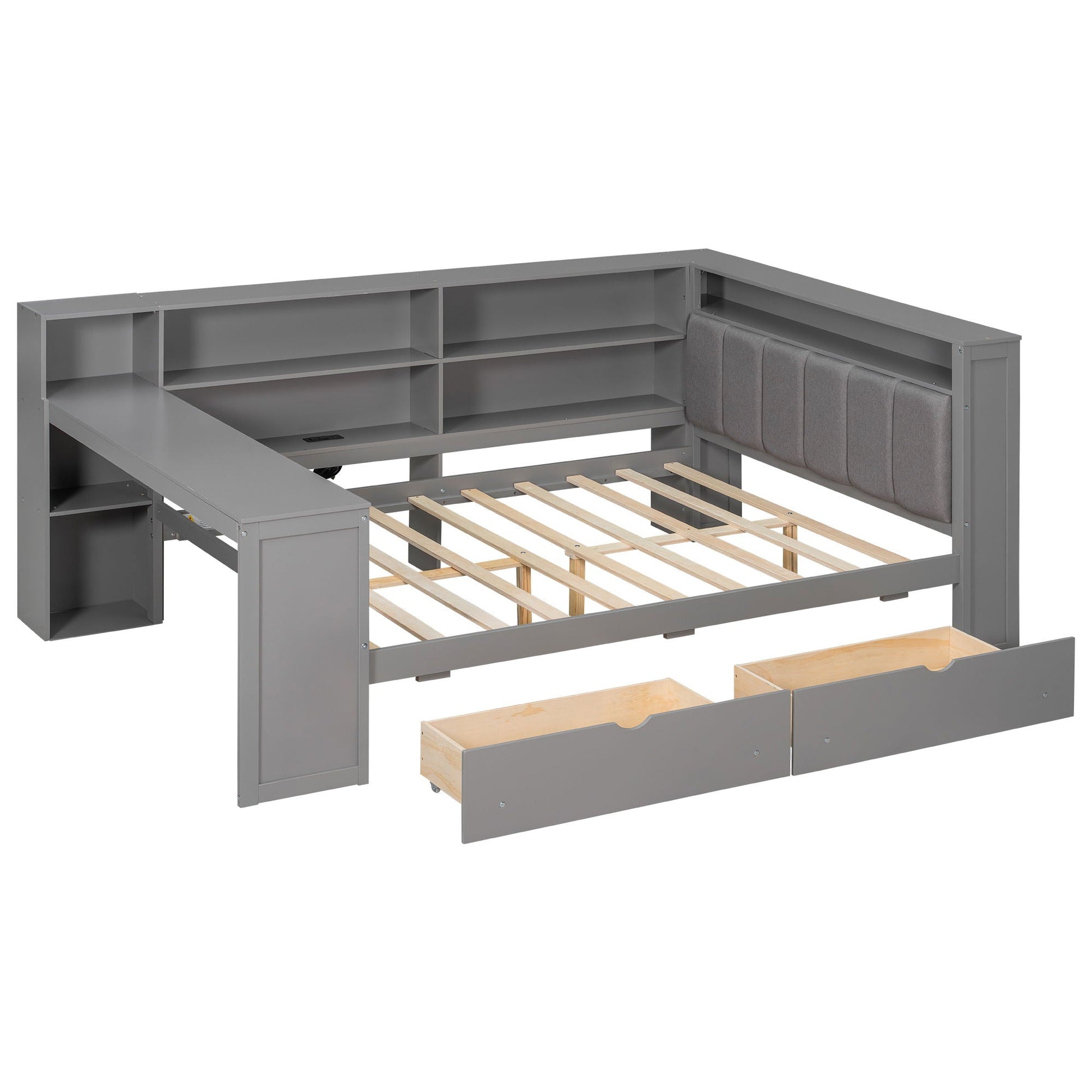 Platform bed with gray finish, upholstered headboard, built-in shelves, and two foot drawers on Tampa Home & Garden Store
