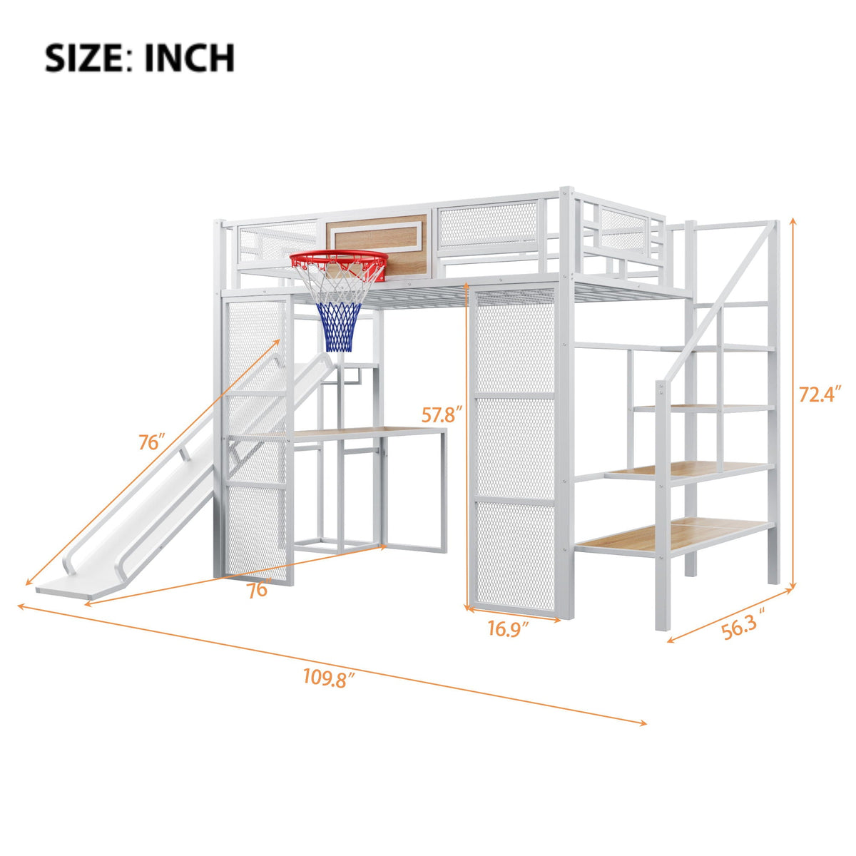 Gray metal Loft Bed by HouseOfZazla with desk open wardrobe basketball hoop slide & staircase on Tampa Home & Garden Store
