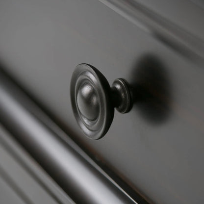 Amherst console sofa table handcrafted; close-up of black metal circular accents on grey finish on Tampa Home & Garden Store