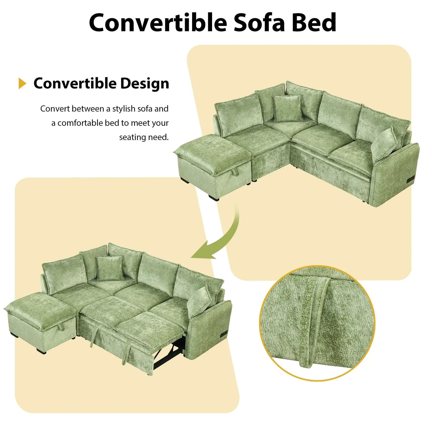 Green velvet sleeper sectional sofa in an L-shape with multiple cushions on Tampa Home & Garden Store